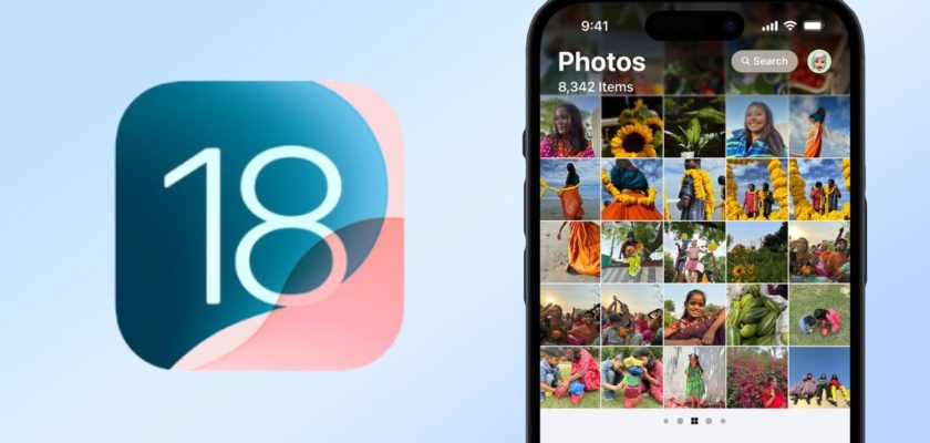 From iPhoneIslam.com, iPhone showing the Photos app on screen with 8,342 items displayed. On the left is the iOS 18 logo, indicating possible radical changes in the iOS 18 update.