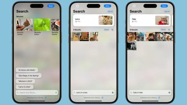 From iPhoneIslam.com, Three smartphone screens display the image search feature in the Photos app. The left screen shows recent searches, the middle screen shows search results for "Larry the Cat," and the right screen shows "Cats in Hats." This is part of the iOS 18 update.