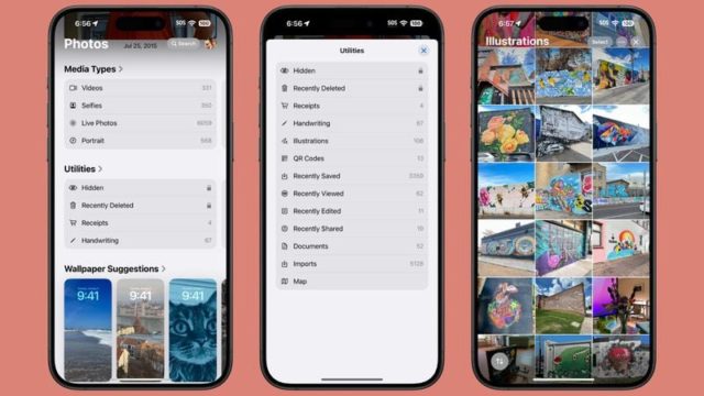 From iPhoneIslam.com, three smartphone screens display the Photos app with different sections: Media Types, Utilities, and Illustrations, displaying different photo categories and thumbnails. Enjoy the newly redesigned interface with the iOS 18 update for a smooth browsing experience.