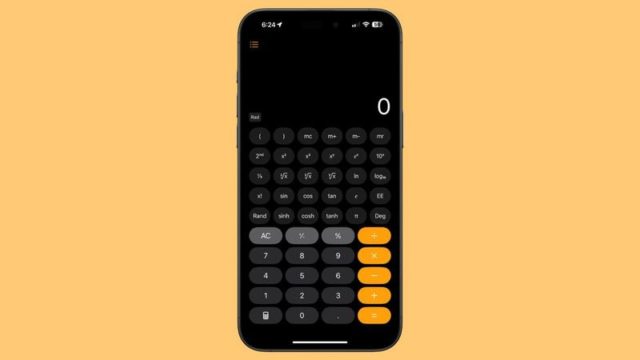 Do iPhoneIslam.com, um smartphone exibindo o aplicativo Storyline com funções de calculadora científica em um fundo laranja simples.