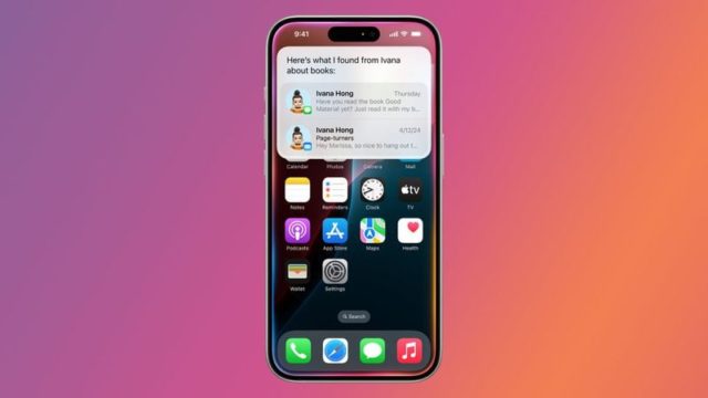 Da iPhoneIslam.com, uno smartphone che visualizza la schermata iniziale con varie icone di app e un pop-up dei risultati di ricerca di Siri relativi ai consigli sui libri di un contatto di nome Ivana Hong, appena un mese dopo l'attesissimo lancio del nuovo iPhone 16.