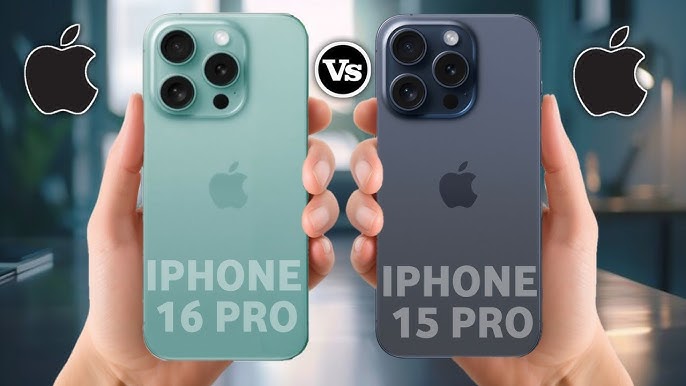 На сайте iPhoneIslam.com: параллельное сравнение зеленого iPhone 16 Pro и черного iPhone 15 Pro, взятых в руки, с логотипом Apple и буквой «V» между ними.