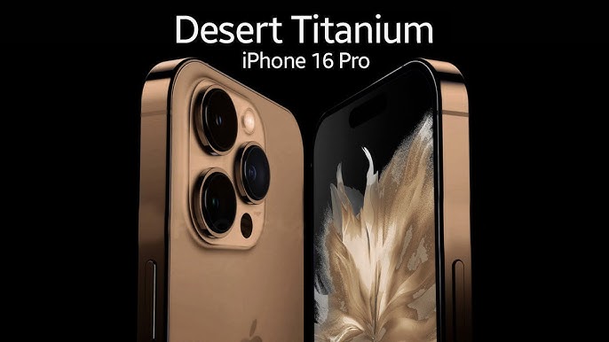 Z iPhoneIslam.com: zbliżenie iPhone'a 16 Pro Desert Titanium, przedstawiające system aparatu i przedni wyświetlacz z powyższym tekstem zawierającym nazwę modelu i ikonę jego poprzednika, iPhone'a 15 Pro.