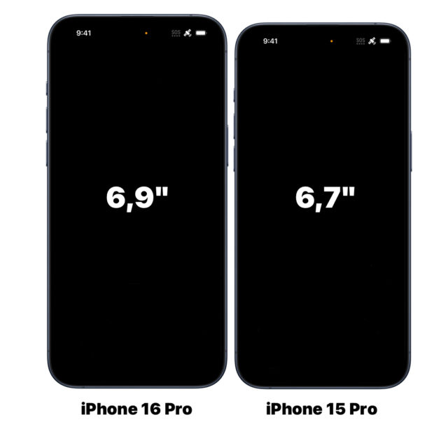 Depuis iPhoneIslam.com, une image montrant deux iPhones : l'iPhone 16 Pro avec un écran de 6.9 ​​pouces à gauche et l'iPhone 15 Pro avec un écran de 6.7 pouces à droite, mettant en évidence les améliorations de performances entre les deux modèles.