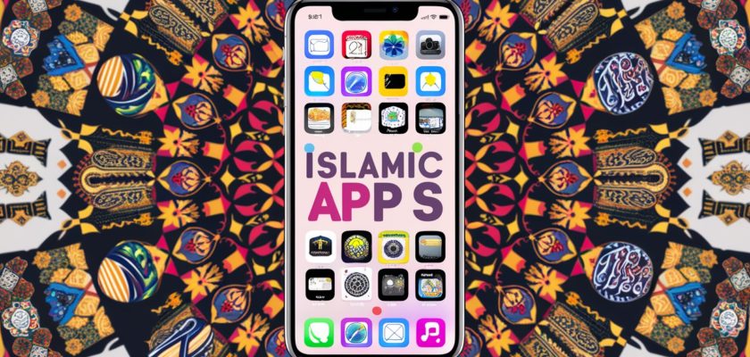 من iPhoneIslam.com، يتمحور الهاتف الذكي الذي يعرض تطبيقات إسلامية حول خلفية ذات أنماط معقدة وملونة.