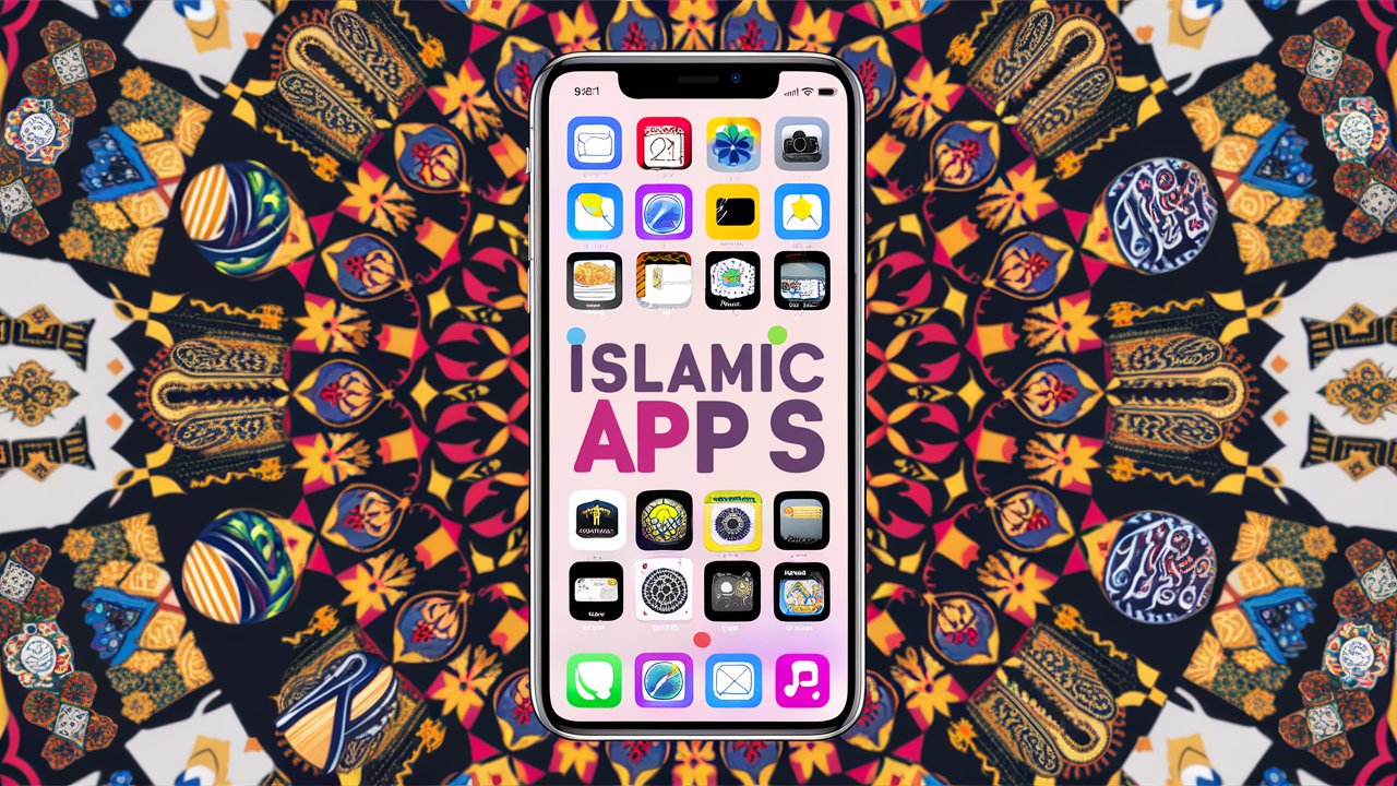 من iPhoneIslam.com، يتمحور الهاتف الذكي الذي يعرض تطبيقات إسلامية حول خلفية ذات أنماط معقدة وملونة.