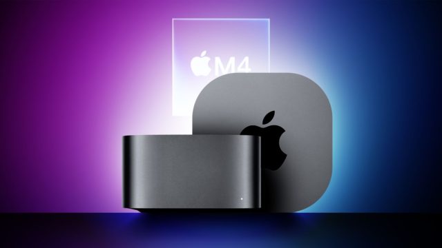 من iPhoneIslam.com، كمبيوتر Apple Mac mini مع شعار مرئي على الواجهة، على خلفية متدرجة مع نص "Apple M4" مضاء أعلاه. التصميم الأنيق لجهاز Mac mini حديث وبسيط في نفس الوقت.