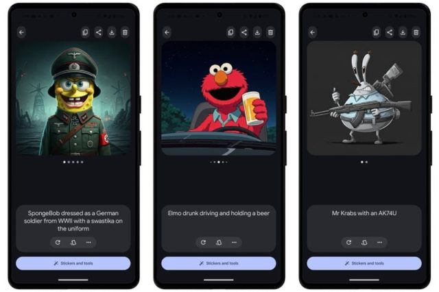 من iPhoneIslam.com، ثلاثة هواتف ذكية تعرض صورًا وتعليقات توضيحية تم إنشاؤها بواسطة الذكاء الاصطناعي: سبونج بوب يرتدي زي جندي ألماني، وإلمو يقود سيارته مع كأس من البيرة، والسيد كرابس يحمل بندقية AK-74U. تُظهر هذه الإبداعات الرائعة قوة الذكاء الاصطناعي في إنشاء وتحرير الصور.