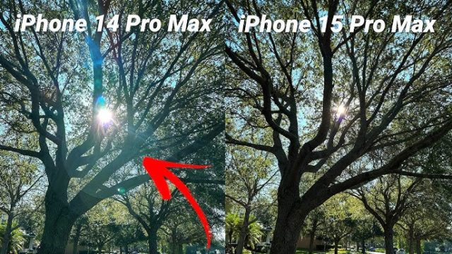 From iPhoneIslam.com, a comparison image showing trees with sunlight streaming through their branches, captured by the iPhone 14 Pro Max on the left and the iPhone 15 Pro Max on the right. The arrow indicates the differences in the image on the left.