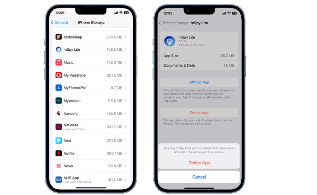From iPhoneIslam.com, the smartphone’s two screens display storage management options for different apps. The left screen displays the app’s storage usage, and the right screen displays options to uninstall or delete a specific app called “mSpy Lite.” Make sure to monitor your device regularly; signs of hacking could lead to data loss.