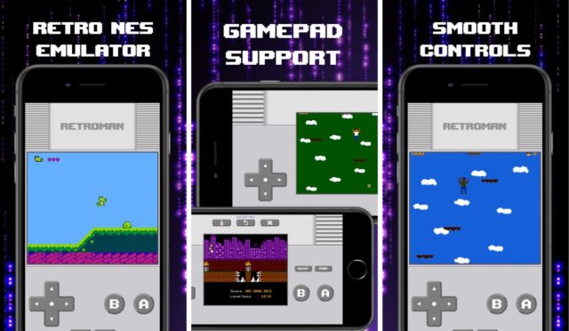 From iPhoneIslam.com, three smartphone screens display a retro NES emulator app with gamepad support and smooth controls, displaying various classic game scenes. iPhone Islam offers useful apps like these for nostalgic gamers.