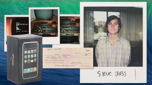 From iPhoneIslam.com, a collection of old Apple memorabilia, including an early computer setup, a check, an iPhone in a box, and a Polaroid photo of a man standing by a window from July.