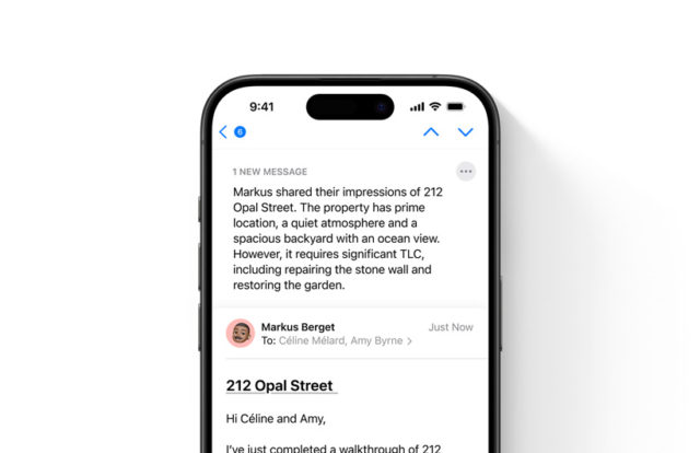 من iPhoneIslam.com، تعرض شاشة هاتف ذكي رسالة بريد إلكتروني من Markus Berget على نظام التشغيل macOS 15.1 تتناول حالة العقار في 212 Opal Street، مشيرة إلى جوانبه الإيجابية والإصلاحات المطلوبة.