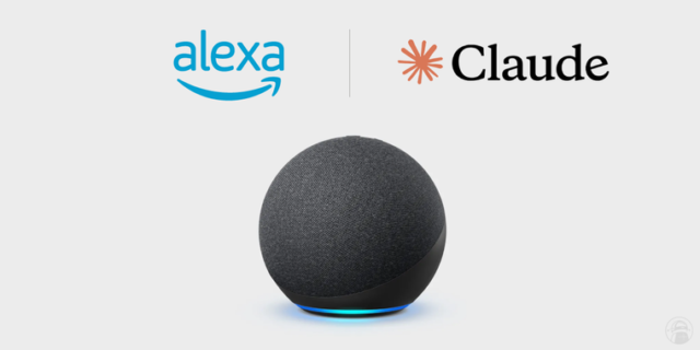 من iPhoneIslam.com، صورة تُظهر جهاز Amazon Alexa أسفل النص "alexa" مع شعار Amazon و"Claude" مع شعار الزهرة المميز الخاص بها على خلفية عادية.