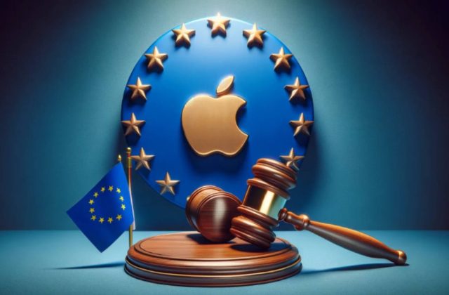 من iPhoneIslam.com، مطرقة وعلم الاتحاد الأوروبي أمام لوحة كبيرة تحمل شعار Apple محاطًا بنجوم الاتحاد الأوروبي، مما يشير إلى سياق قانوني يشمل تطبيق Apple والقانون الرقمي الدقيق.