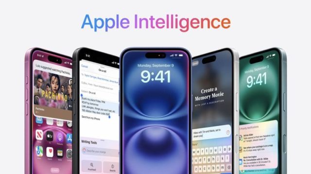 Van iPhoneIslam.com, een promotieafbeelding met vijf verschillende iPhone-modellen met verschillende apps en functies die op hun schermen worden weergegeven onder de titel "Apple Intelligence: Technology News"