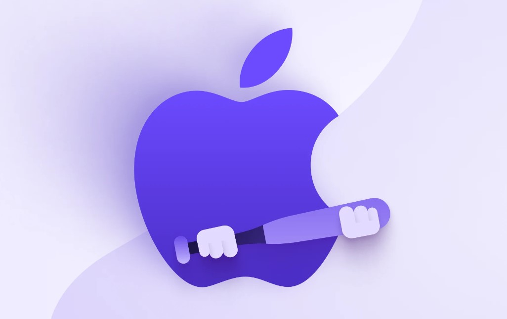 من iPhoneIslam.com، شعار Apple باللون الأرجواني التجريدي مع يد مرتدية قفازًا أبيض وتمسك بشريط أرجواني أفقي، يخرج من منتصف الشعار، يجسد التزام شركة Apple بتطهيرها بالكامل بموجب القانون التحديد الرقمي.