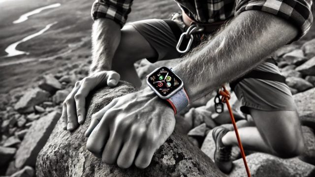 Da iPhoneIslam.com, una persona che indossa un Apple Watch si arrampica su una parete rocciosa, con un moschettone attaccato alla cintura e una corda da arrampicata fissata nelle vicinanze.