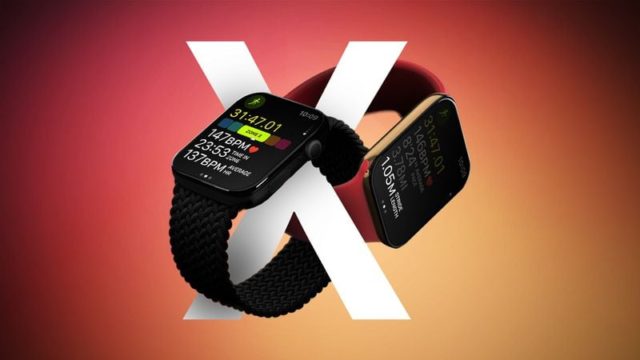 Da iPhoneIslam.com, due smartwatch con cinturini neri e rossi vengono visualizzati davanti a una grande X bianca su uno sfondo sfumato dal giallo all'arancione, celebrando il decimo anniversario dell'Apple Watch.