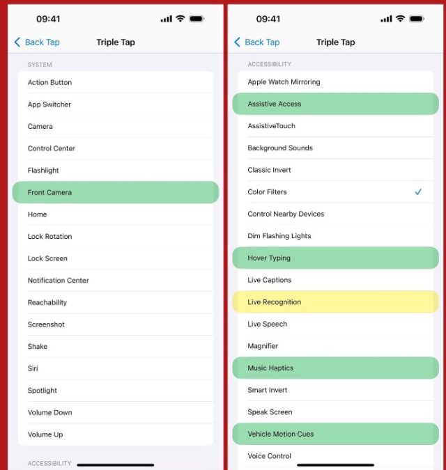 iPhoneIslam.com'da, iOS 18'deki "Üç Dokunuş" erişilebilirlik ayarlarını farklı seçeneklerin vurgulandığı iki akıllı telefon ekranı gösteriyor: "Ön Kamera" ve "Canlı Tanıma" yeşil renkle vurgulanıyor ve "Araç Trafik Sinyalleri" sarı renkle vurgulanıyor.