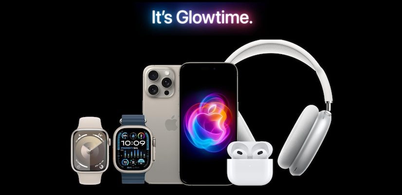 من iPhoneIslam.com، مجموعة متنوعة من منتجات Apple بما في ذلك ساعتان Apple Watch، وجهازي iPhone 16، وAirPods، وسماعات رأس فوق الأذن، معروضة على خلفية سوداء مع النص "It's Glowtime".