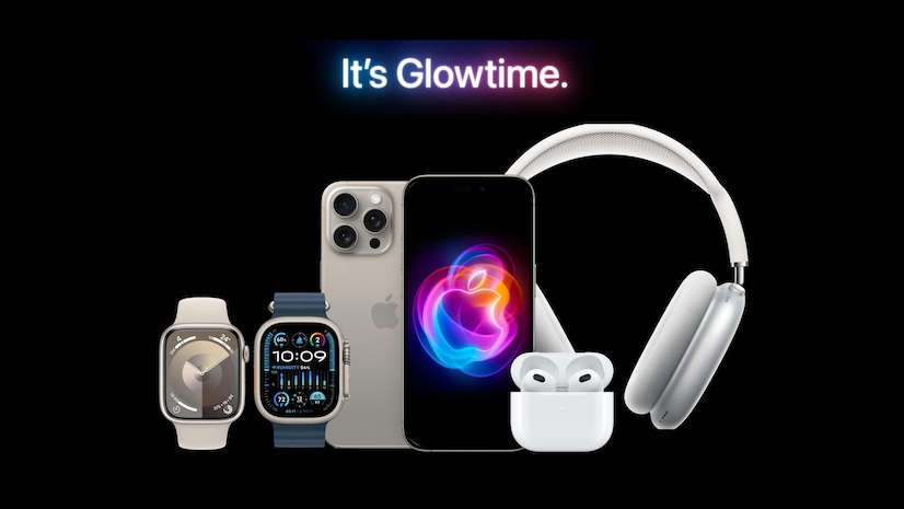 من iPhoneIslam.com، مجموعة متنوعة من منتجات Apple بما في ذلك ساعتان Apple Watch، وجهازي iPhone 16، وAirPods، وسماعات رأس فوق الأذن، معروضة على خلفية سوداء مع النص "It's Glowtime".