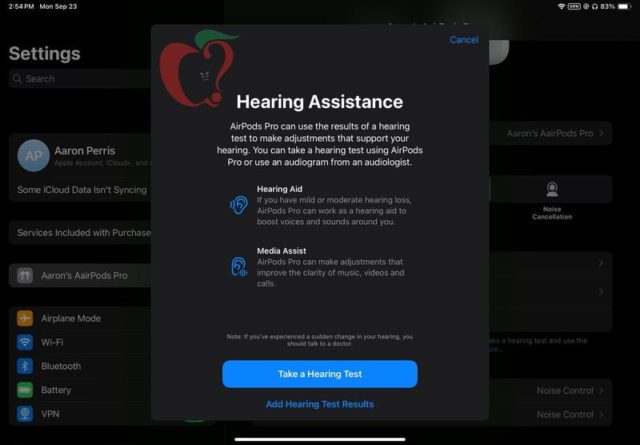 Mula sa iPhoneIslam.com, Isang screenshot ng mga setting ng hearing aid sa isang iOS device, na nagpapakita ng mga opsyon sa hearing test sa AirPods Pro at mga pagsasaayos para sa hearing aid at mga feature ng tulong sa media.