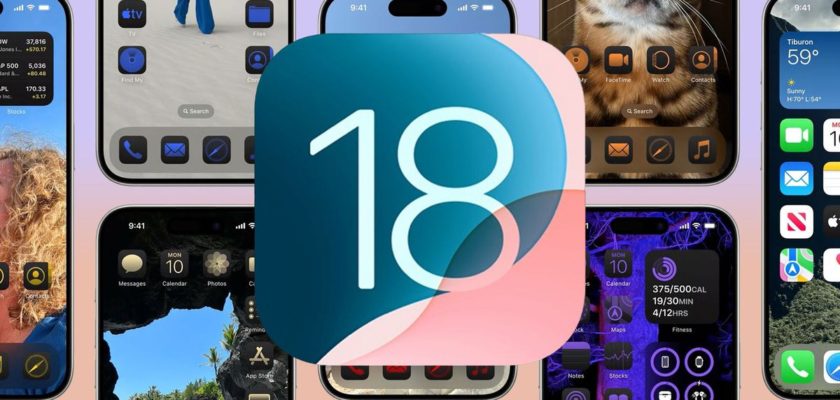 iPhoneIslam.com より。iOS 18 アップデートを記念して、大きなアイコンに「18」という数字が目立つように表示された、さまざまなアプリのレイアウトやテーマを表示するスマートフォン画面のコレクション。