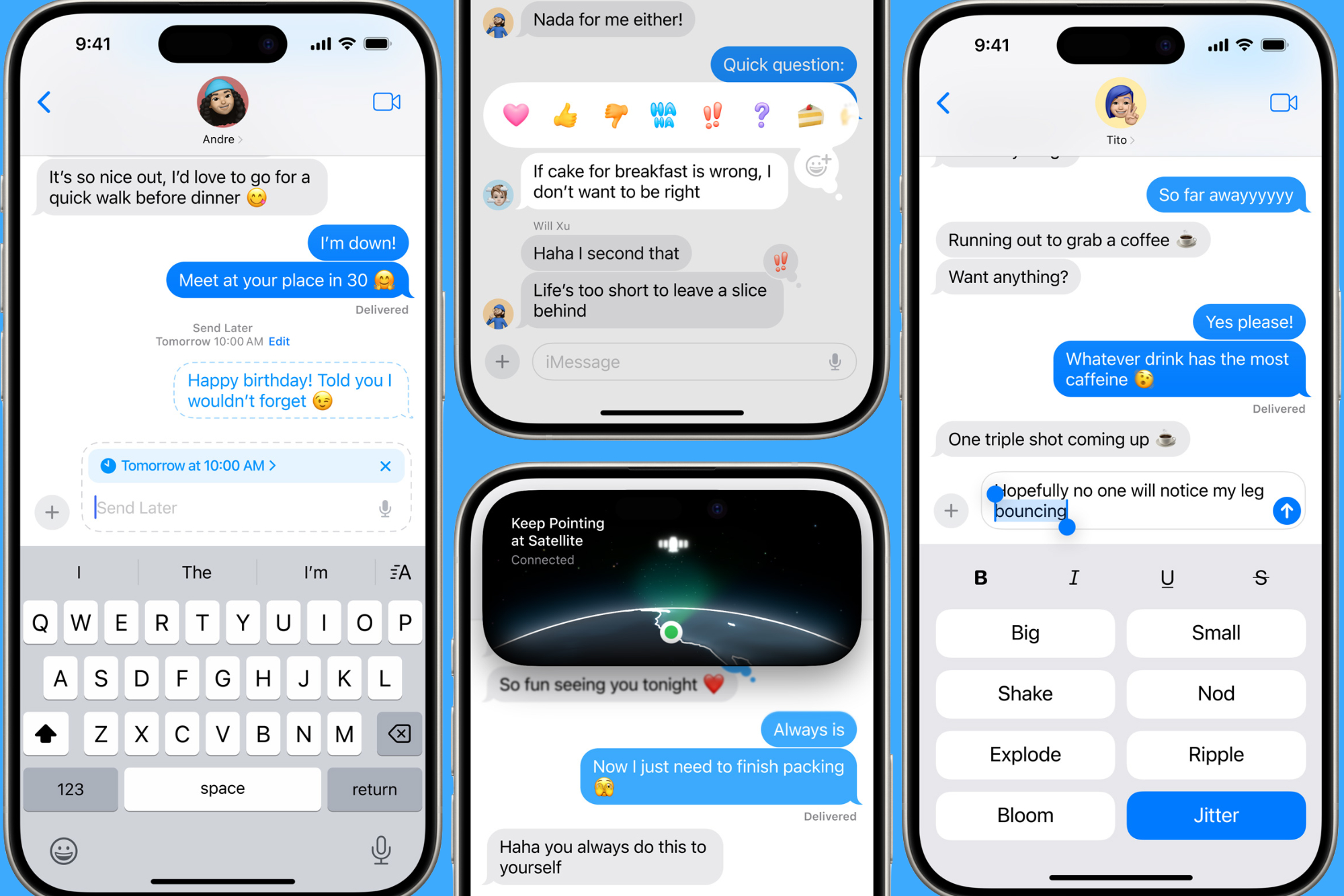 من iPhoneIslam.com، سلسلة من أربع شاشات iPhone تعرض محادثات iMessage مع فقاعات نصية زرقاء ورمادية ورموز تعبيرية وميزات مراسلة متنوعة مثل اقتراحات الملصقات وسجل الرسائل في تطبيق الرسائل الجديد على iOS 18.
