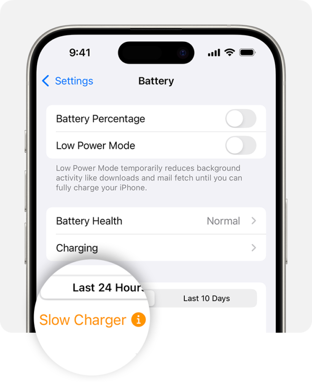 Mula sa iPhoneIslam.com, isang screen ng smartphone na nagpapakita ng mga setting ng baterya, na may mga opsyon para sa porsyento ng baterya at low power mode. Ipinapakita rin ng screen ang status ng baterya, impormasyon sa pag-charge, at babala sa "mabagal na charger," na lahat ay pinahusay sa iOS 18 upang makatulong na protektahan ang baterya ng iPhone.