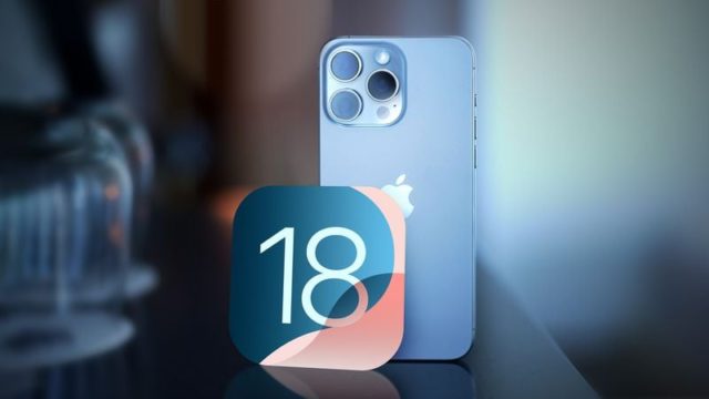 صورة لجهاز iPhone 16 مع رمز iOS 18