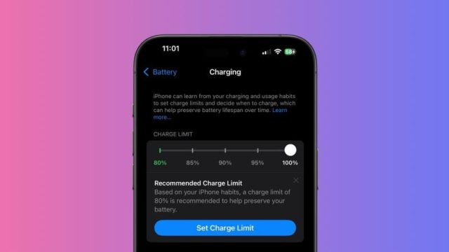 From iPhoneIslam.com, the phone screen displays the iPhone battery charging settings with the option to set a maximum charge limit between 80% and 100%, including a recommended charge limit of 80% to help preserve battery life, all improved by the new iOS 18.