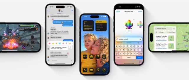 Do iPhoneIslam.com, cinco smartphones apresentam vários aplicativos, incluindo um aplicativo de mensagens, um jogo, uma foto com widgets, uma interface de criação de emoji e um aplicativo de mapas, os recursos interessantes da versão iOS 18. Certifique-se de que seu dispositivo esteja atualizado para. obtenha a experiência mais recente.