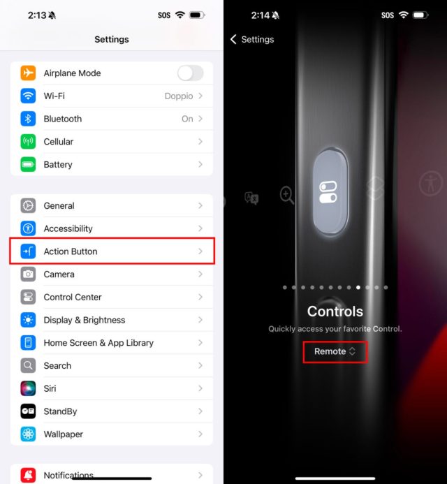 iPhoneIslam.com より、スマートフォンの 18 つの画面には、アクション ボタンが強調表示された [設定] メニュー (左) と、リモコンが選択された [コントロール] メニュー (右) が表示されており、すべて iOS XNUMX で実行されています。