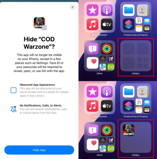 iPhoneIslam.com より、iOS 18 アップデートを適用した iPhone で「COD Warzone」アプリを非表示にするよう求めるプロンプトが表示され、確認画面と赤で強調表示された別のフォルダーに隠されたアプリのイラストが表示されます。その他のカスタマイズ オプションについては、[設定] を使用してください。