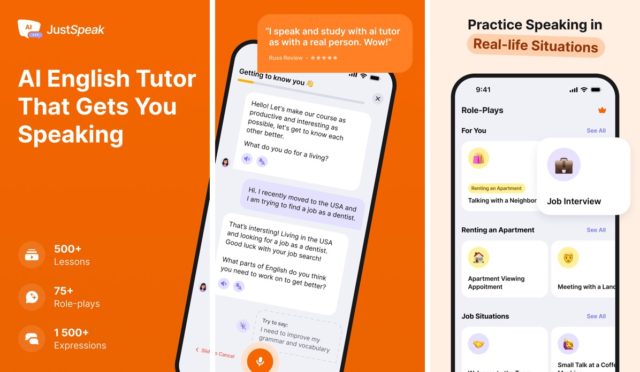 No iPhoneIslam.com, uma interface de aplicativo móvel para professores de inglês com IA aparece em um iPhone. Apresenta mais de 500 aulas, mais de 75 jogos de RPG e situações da vida real, como entrevistas de emprego e aluguel de apartamentos. É um dos aplicativos úteis projetados para aprimorar efetivamente suas habilidades no idioma.