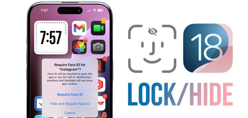 من iPhoneIslam.com، شاشة الهاتف الذكي تعرض إشعارًا: "يتطلب Face ID لـ 'Instagram'". تظهر العديد من أيقونات التطبيقات. يظهر على الجانب الأيمن شعار مع نص "Lock/Hide" ورقم "18" كبير. مثالي لأولئك الذين يبحثون عن قفل التطبيقات على هواتفهم الذكية.