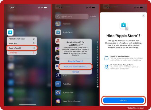 من iPhoneIslam.com، ثلاث خطوات لإخفاء التطبيقات على الآي فون: حدد "يتطلب Face ID"، ثم "إخفاء ويتطلب Face ID"، وأخيرًا قم بتأكيد الإجراء بالضغط على "إخفاء التطبيق" في النافذة المنبثقة.