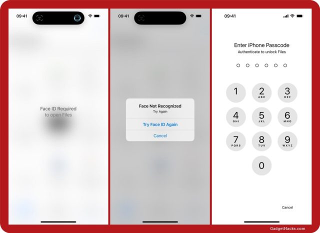 من iPhoneIslam.com، ثلاث لقطات شاشة تُظهر: شاشة Face ID المطلوبة لفتح الملفات، وFace Not Recognized، وEnter iPhone Passcode، على التوالي، مما يوضح كيف يوفر الآي فون طبقات متعددة من الأمان لقفل التطبيقات.