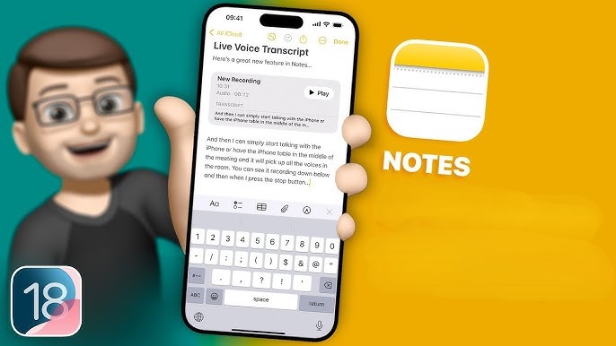 Em iPhoneIslam.com, uma pessoa segurando um iPhone mostra a transcrição ao vivo no aplicativo Notas. O fundo mostra a ilustração de um homem e um ícone do aplicativo Notas, destacando a gravação de áudio do iOS 18.