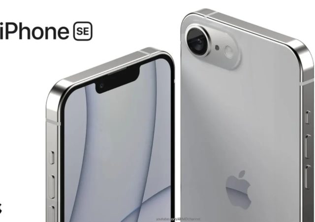 来自 iPhoneIslam.com 这张图片显示了两种型号的 iPhone SE 的正面和背面，其中突出显示了显示屏、摄像头和侧面按钮。一个倾斜以显示后置摄像头和苹果标志，而另一个则显示显示屏。