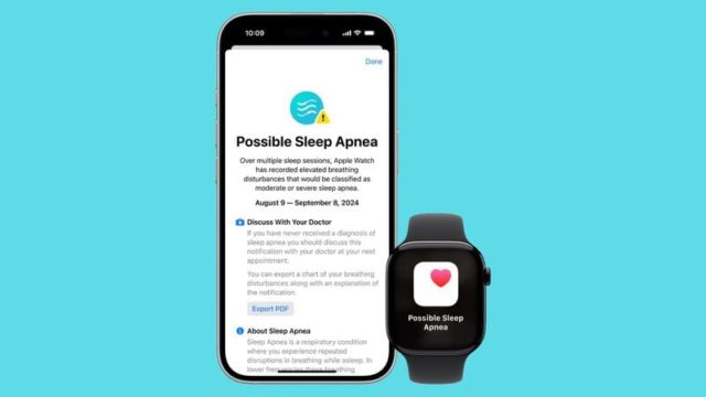 من iPhoneIslam.com، شاشة هاتف ذكي تعرض إشعارًا بانقطاع التنفس أثناء النوم من Apple Watch، والساعة الموضوعة بجانبها تعرض نفس الخبر.