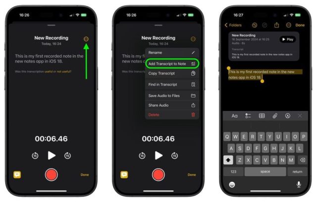 Auf iPhoneIslam.com zeigen drei Smartphone-Bildschirme die Schritte zum Hinzufügen von Text zu einer Notiz im iOS 18-Update: Nehmen Sie Audio auf, wählen Sie Text zur Notiz hinzufügen und sehen Sie sich die getippte Notiz mithilfe der automatischen Transkription an.
