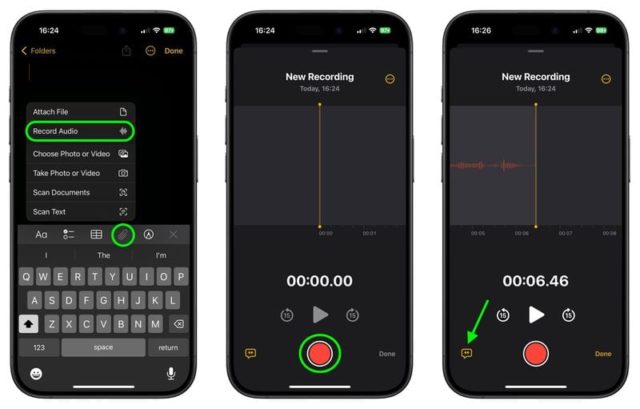 Em iPhoneIslam.com, três capturas de tela mostram as etapas para gravar áudio em um iPhone com iOS 18: selecionar “Gravar áudio” na lista, a interface de gravação e gravação em andamento com controles para reproduzir, pausar e enviar.