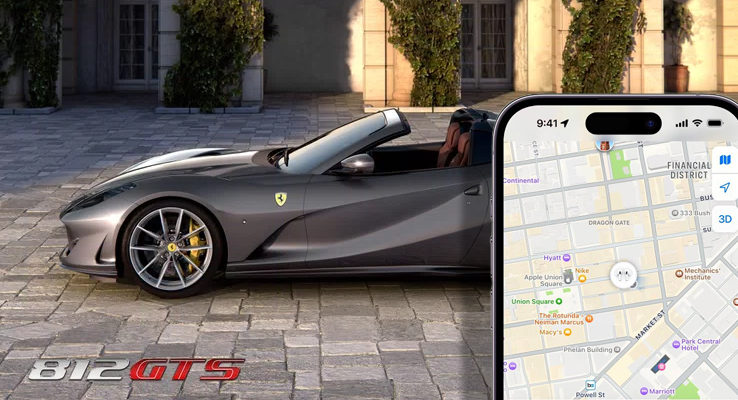 From iPhoneIslam.com, A gray Ferrari 812 GTS is parked in a paved area. The iPhone screen in the foreground shows a map with location pins, highlighting the search for AirPods inside the stolen Ferrari.