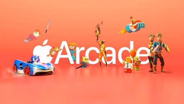 来自 iPhoneIslam.com，各种动画游戏角色和一辆汽车显示在带有 Apple Arcade 徽标的橙色背景前。