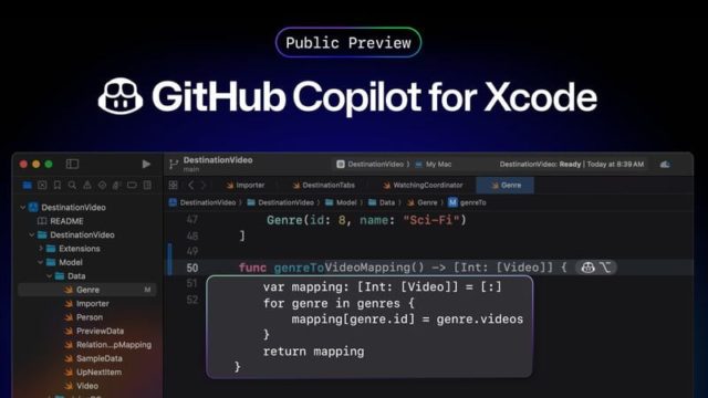 من iPhoneIslam.com، لقطة شاشة لبرنامج GitHub Copilot for Xcode في الوضع المظلم، مع اقتراحات التعليمات البرمجية في IDE. يظهر النص "معاينة عامة" أعلى اسم المنتج. إنه إصدار مثير في أكتوبر من المؤكد أنه سيثير اهتمام المطورين.