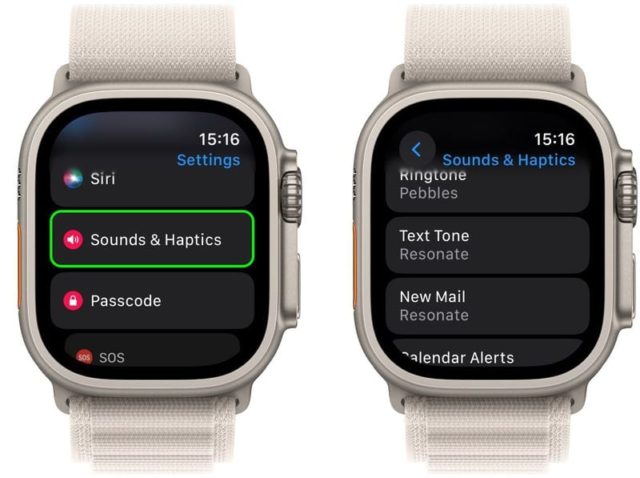 من iPhoneIslam.com، تعرض شاشتان من Apple Watch إعدادات "الأصوات واللمس" وخيارات نغمة الرنين مثل "Pebbles" و"Resonate"، والتي تم تحسينها من خلال تحديث watchOS 11 الأنيق.