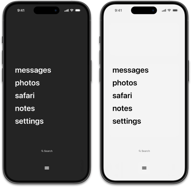 From iPhoneIslam.com, Two iPhones show the same home screen with Messages, Photos, Safari, Notes, and Settings apps; one screen in dark mode, the other in light mode. This shows the enhanced features of the iOS 18 update for customizing the home screen.