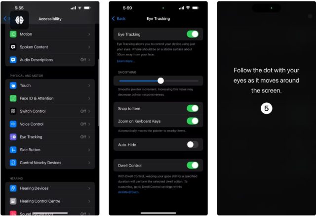 من iPhoneIslam.com، تعرض ثلاث شاشات للهواتف الذكية إعدادات إمكانية الوصول، وتعرض ميزات iOS 18 المحسّنة: تتبع العين، وخيارات اللمس، وتعليمات لمتابعة نقطة بعينيك أثناء تحركها.